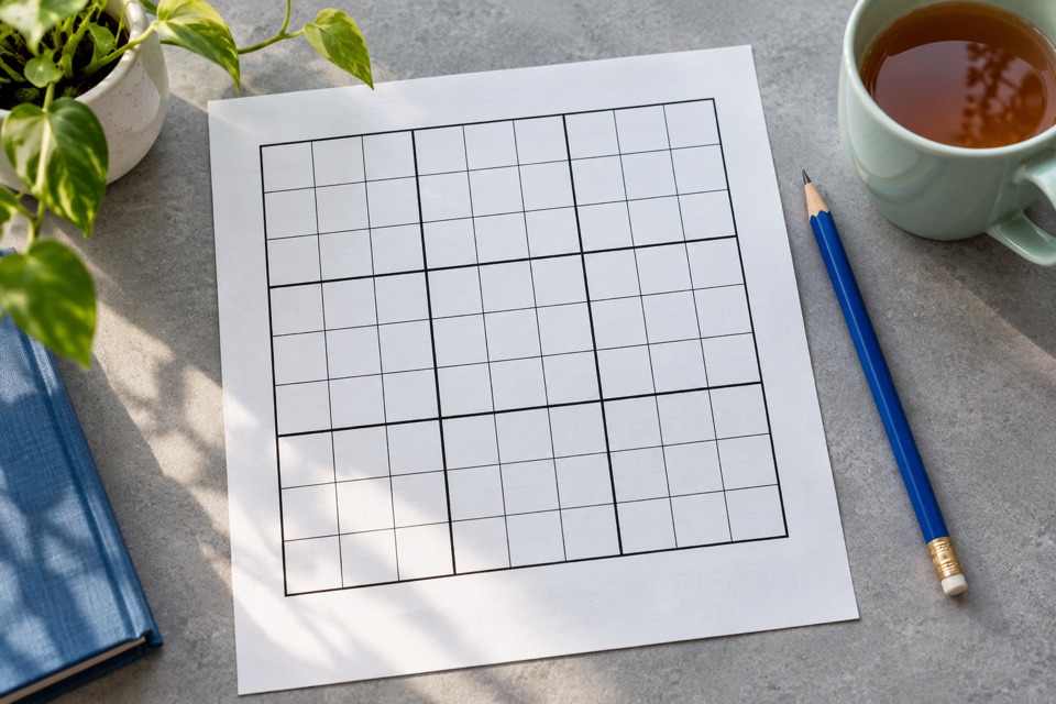 Illustration of a Sudoku sheet, blue pencil, and cup of tea in daylight.