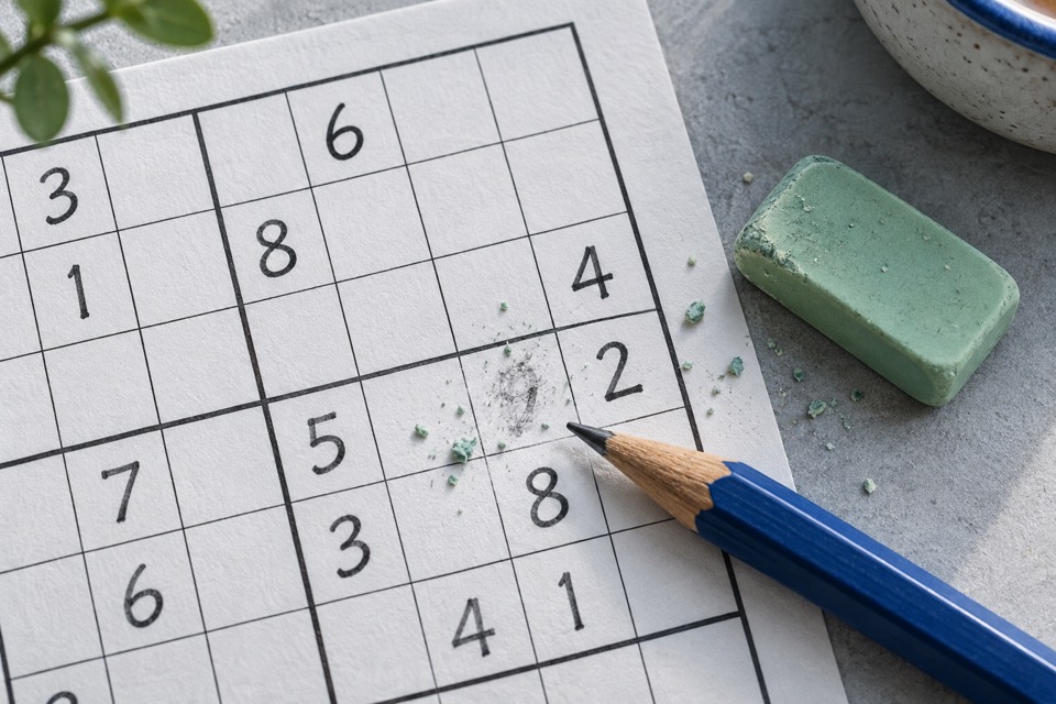 Illustration of a gently erased pencil entry on a paper Sudoku grid, beside a blue pencil and mint-green eraser.