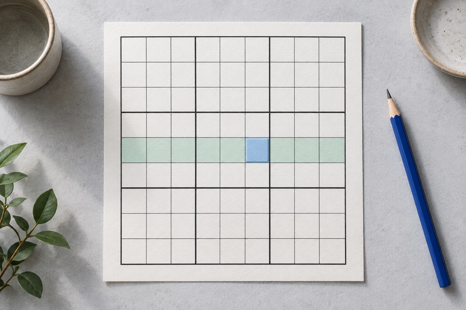 Illustration of a Sudoku grid with one row highlighted and a blue pencil.