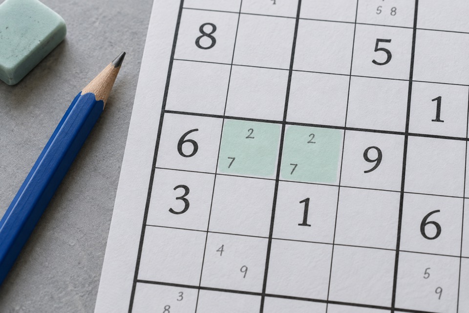 Illustration of two neighboring Sudoku cells with matching 2 and 7 pencil notes, highlighted in mint beside a blue pencil.